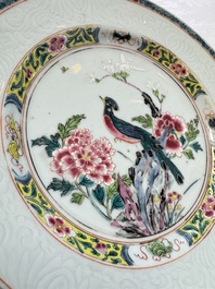 A pair of Chinese famille rose 'Peacock and Flowers' plates, Yongzheng