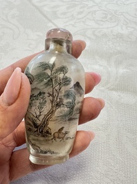 A Chinese inside-painted glass snuff bottle with two men wearing straw raincoats, dated 1911
