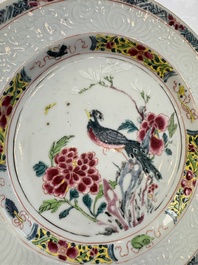 A pair of Chinese famille rose 'Peacock and Flowers' plates, Yongzheng
