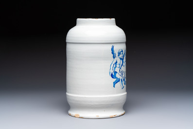 A large blue and white Dutch Delft albarello and cover inscribed 'MEL ALBUM', 18th C.