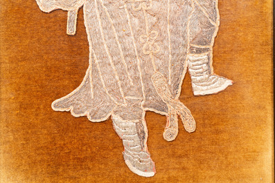 Two Chinese gold and silver-thread-embroidered silk panels with Buddhist lions and Guandi, 19th C.
