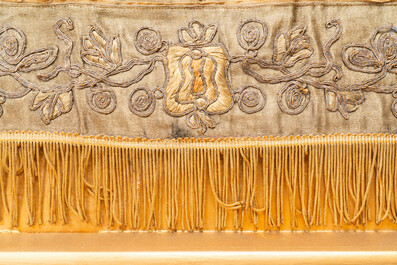 Two Chinese gold and silver-thread-embroidered silk panels with Buddhist lions and Guandi, 19th C.