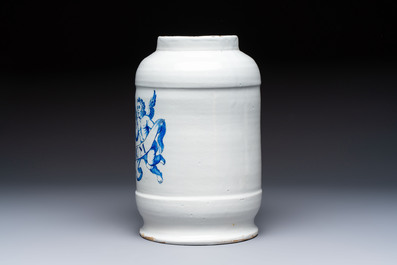 A large blue and white Dutch Delft albarello and cover inscribed 'MEL ALBUM', 18th C.