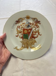 A Chinese armorial plate, a serving dish and a sauce boat with the arms of de Heere for the Dutch market, Qianlong, ca. 1735-1765