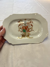 A Chinese armorial plate, a serving dish and a sauce boat with the arms of de Heere for the Dutch market, Qianlong, ca. 1735-1765