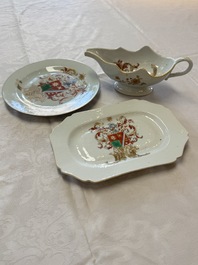 A Chinese armorial plate, a serving dish and a sauce boat with the arms of de Heere for the Dutch market, Qianlong, ca. 1735-1765