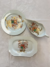 A Chinese armorial plate, a serving dish and a sauce boat with the arms of de Heere for the Dutch market, Qianlong, ca. 1735-1765