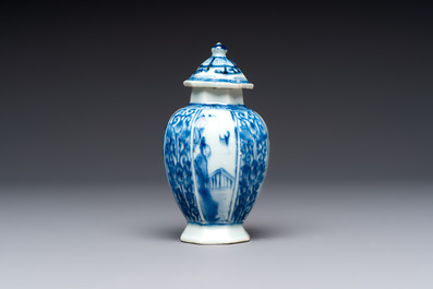 A Chinese blue and white tea caddy, a teapot and an Imari-style teapot, Kangxi/Yongzheng