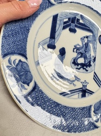 Five Chinese blue and white plates with narrative design, Chenghua mark, 19th C.