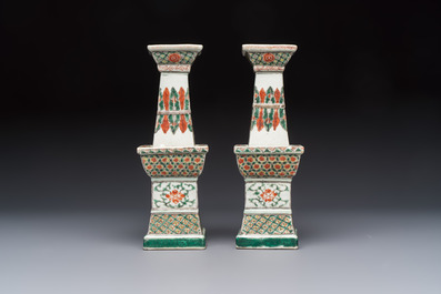 A pair of Chinese famille verte square candle holders, 19th C.