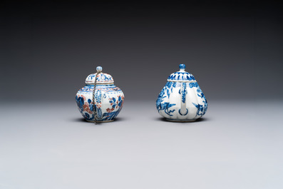 A Chinese blue and white tea caddy, a teapot and an Imari-style teapot, Kangxi/Yongzheng