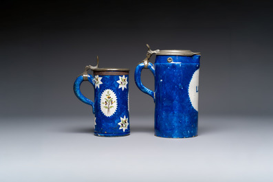 A varied group of six blue, white and polychrome Brussels faience jugs, 18th C.