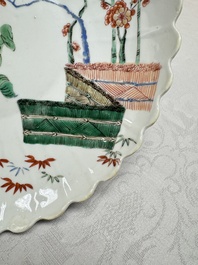 A Chinese famille verte Kakiemon-style 'Boy and Tigers' lobed dish, Kangxi
