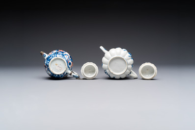 A Chinese blue and white tea caddy, a teapot and an Imari-style teapot, Kangxi/Yongzheng