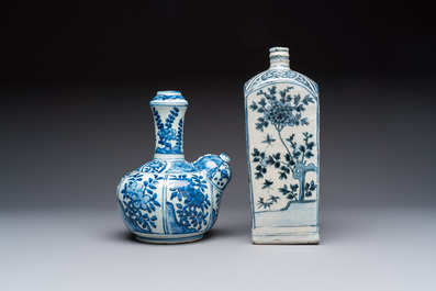 A Chinese blue and white kendi and a square flask, Wanli