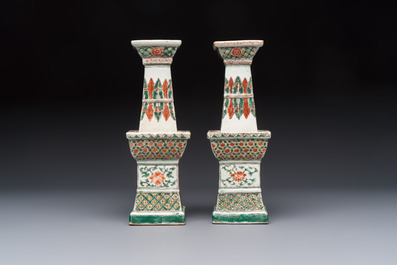 A pair of Chinese famille verte square candle holders, 19th C.