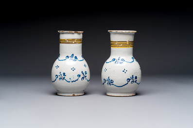 A varied group of six blue, white and polychrome Brussels faience jugs, 18th C.