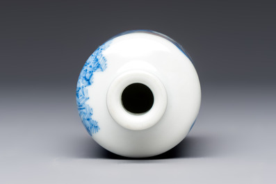 A Chinese blue, white and copper-red snuff bottle with narrative design, 19th C.
