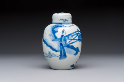 A Chinese blue and white 'Elegant Beauties' tea caddy and cover, artemisia leaf mark, Kangxi