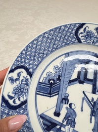 Five Chinese blue and white plates with narrative design, Chenghua mark, 19th C.