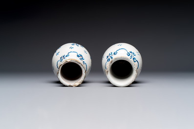 A varied group of six blue, white and polychrome Brussels faience jugs, 18th C.