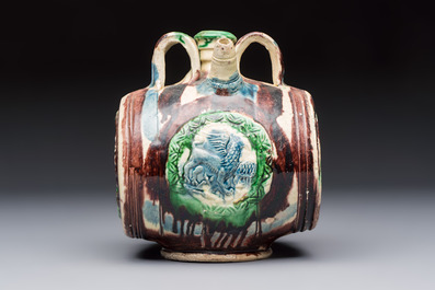 A polychrome Saintonge pottery barrel with a griffin, France, 16th C.