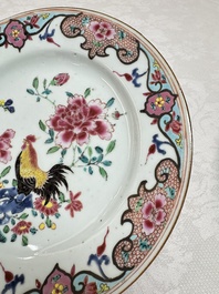 A pair of Chinese famille rose 'Rooster' plates, Qianlong