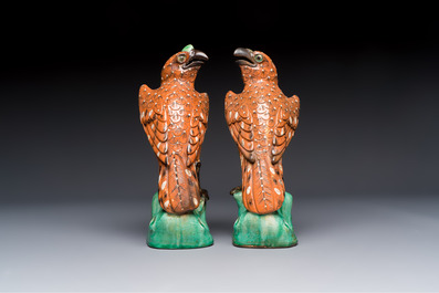 A pair of Chinese polychrome-glazed hawks, 20th C.