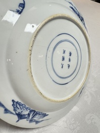 Five Chinese blue and white plates with narrative design, Chenghua mark, 19th C.