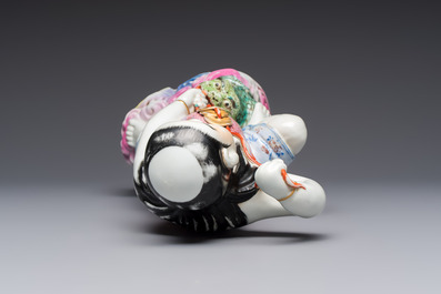 A Chinese famille rose group of Liu Hai and his three-legged toad, Wei Hongtai Zao 魏洪泰造 mark, Republic