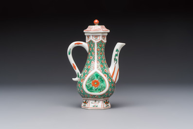 A Chinese famille verte rosewater sprinkler, a wucai jar and a Samson Paris verte-style covered ewer, 17/19th C.