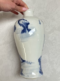 A pair of Chinese blue and white 'Meiping' vases with figures and a poem, signed Xu Banqiu 徐半秋, Kangxi mark, 19th C.