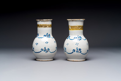 A varied group of six blue, white and polychrome Brussels faience jugs, 18th C.
