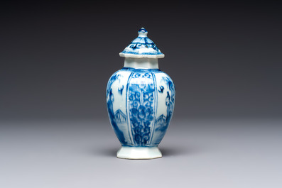 A Chinese blue and white tea caddy, a teapot and an Imari-style teapot, Kangxi/Yongzheng