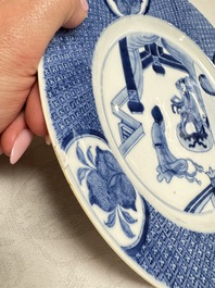 Five Chinese blue and white plates with narrative design, Chenghua mark, 19th C.