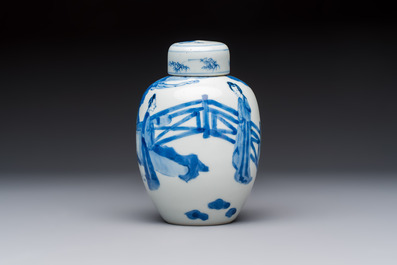 A Chinese blue and white 'Elegant Beauties' tea caddy and cover, artemisia leaf mark, Kangxi