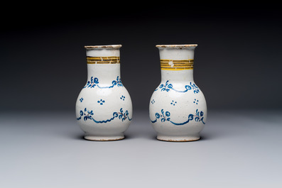 A varied group of six blue, white and polychrome Brussels faience jugs, 18th C.