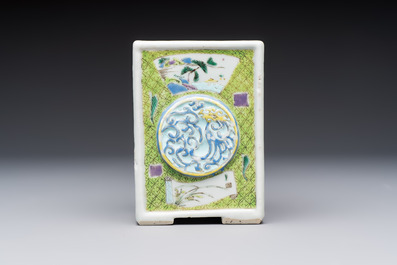 A Chinese famille rose relief-moulded rectangular brush pot with figural design, Yongzheng