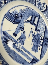Five Chinese blue and white plates with narrative design, Chenghua mark, 19th C.