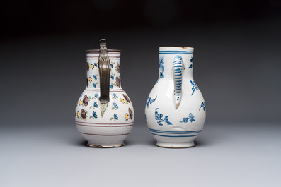 A varied group of six blue, white and polychrome Brussels faience jugs, 18th C.
