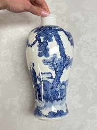 A pair of Chinese blue and white 'Meiping' vases with figures and a poem, signed Xu Banqiu 徐半秋, Kangxi mark, 19th C.