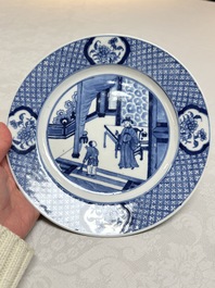 Five Chinese blue and white plates with narrative design, Chenghua mark, 19th C.