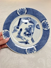 Five Chinese blue and white plates with narrative design, Chenghua mark, 19th C.