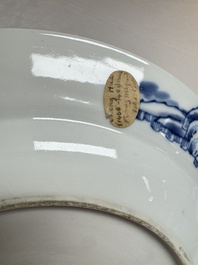Five Chinese blue and white plates with narrative design, Chenghua mark, 19th C.
