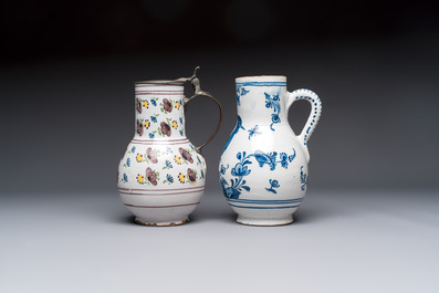 A varied group of six blue, white and polychrome Brussels faience jugs, 18th C.