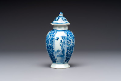 A Chinese blue and white tea caddy, a teapot and an Imari-style teapot, Kangxi/Yongzheng