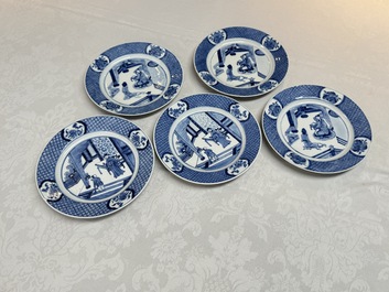 Five Chinese blue and white plates with narrative design, Chenghua mark, 19th C.