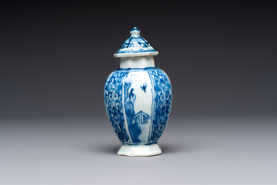 A Chinese blue and white tea caddy, a teapot and an Imari-style teapot, Kangxi/Yongzheng