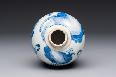 A Chinese blue and white 'Elegant Beauties' tea caddy and cover, artemisia leaf mark, Kangxi