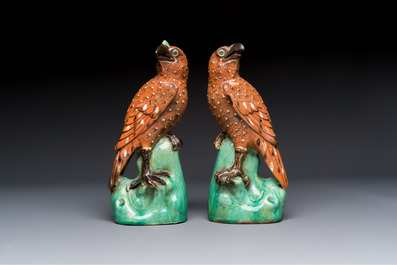 A pair of Chinese polychrome-glazed hawks, 20th C.